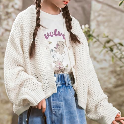 Riclena Girls Cardigan Sweater V-Neck Net Solid Color Front Button Mesh Knit Wide Cardigan3