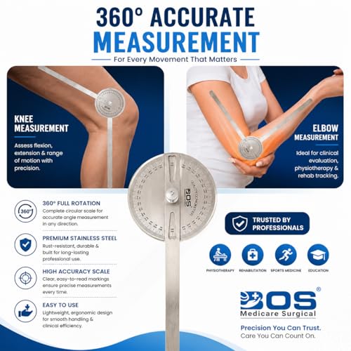 Image of 360 Stainless Steel Goniometer | Orthopedic & Physiotherapy Joint Range of Motion Measuring Tool | 6-Inch Medical Protractor for Knee, Elbow, Wrist & Shoulder