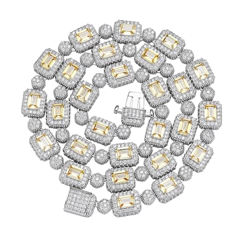 Solid Gold over S925 Sterling Silver Square Moissanite Yellow Gemstone Necklace, Hip Hop Tennis Chain, Men's Fashion Gift