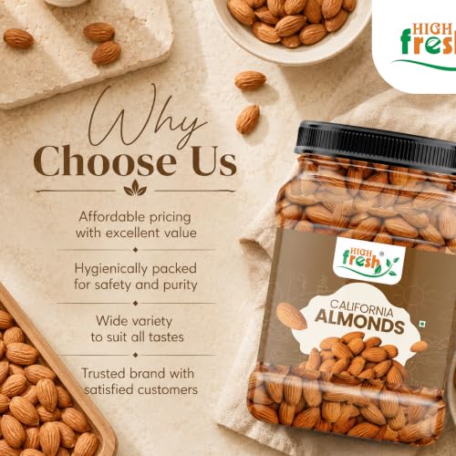 Image of HighFresh Premium California Almonds 500g | Whole Natural Badam Kernels | Crunchy Dry Fruit Nuts | Fresh Jar Pack | Ideal for Snacking, Cooking, Baking & Festive Gifting