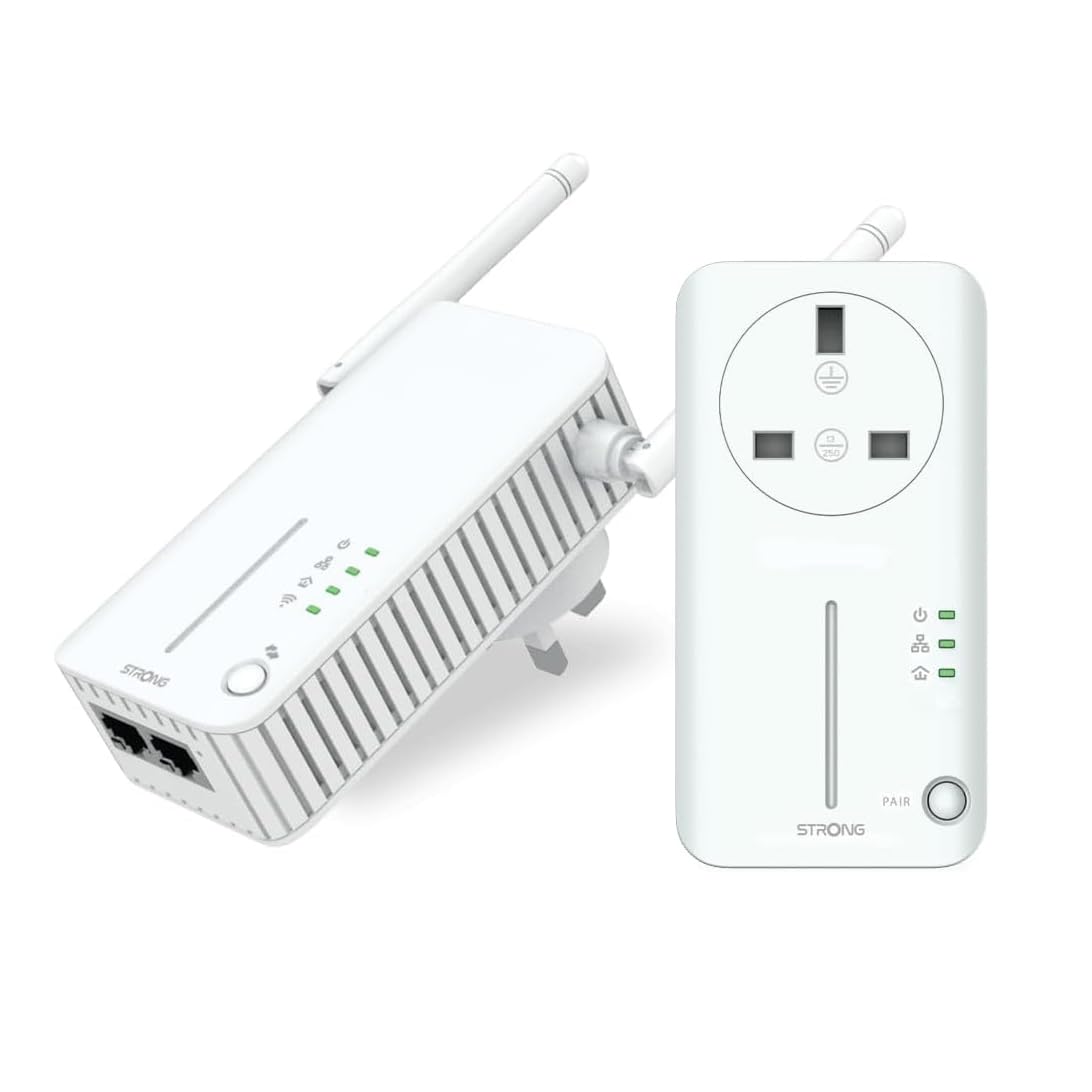 STRONG AV600 WiFi Passthrough Powerline Adapter Kit, HomePlug AV2 Powerline WiFi Extender, WiFi 300Mbps, Extra Power Socket, Plug & Play with Pair Button, Power Saving Mode, 100Mbps LAN Ports