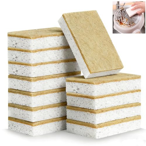 Eco Washing Up Sponges 12 Pack Natural Biodegradable Compostable Cellulose & Sisal Scourers Non-Scratch Kitchen Scrub Cleaning Sponges for Dishes Pots Pans Cookware