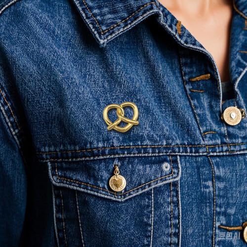 Image of Heart Brooches for Women Gold Tone Pretzel Lapel Pin Minimalist Badge Blazer Dress Jacket Sweater Decor Accessories Jewelry Gifts