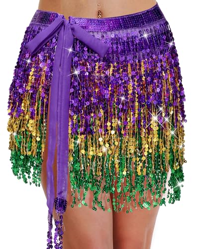 Coume Women Pride Rainbow Sequin Skirt Belly Dance Tutu Rainbow LGBTQ Glitter Tassel Skirt Fringe Hip Scarf(Yellow Green)
