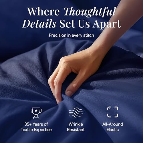 Image of Tribeca Living Cal King Cotton Flannel Flat Sheet Only 170-GSM - Oversized 112 x 106 Inch Dimensions for Generous Bed Coverage - Soft Breathable Bedding in Dark Blue