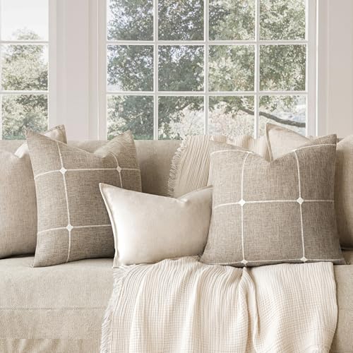 Image of Foindtower Pack of 2 Decorative Faux Linen Jacquard Check Throw Pillow Covers Farmhouse Cushion Cover with Grid Textured Accent Pillowcase for Couch Sofa Living Room Home Decor,20x20 Inch,Oatmeal