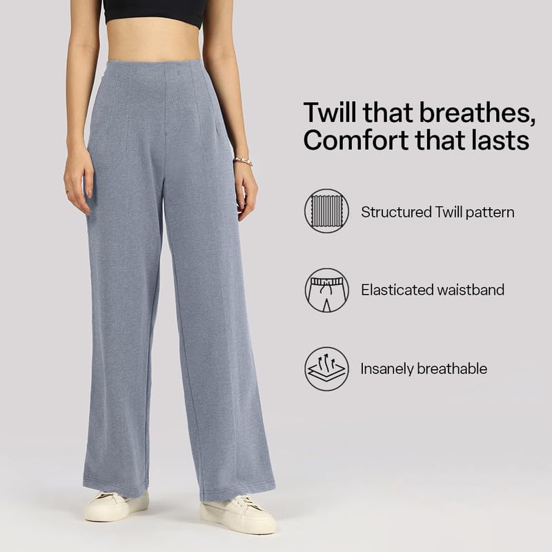 Image of BlissClub Womens Work-to-Wine Twill Wide Dart Pants Insanely Breathable Elasticated Waistband 2 Pockets Mock Fly | Wide Silhouette Stylish Pleats