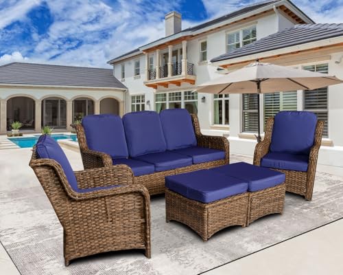 Furnimy Patio Furniture Set Rattan Outdoor Sectional Conversation Sets 3-Seat Outdoor Couch,2 Single Chair and 2 Ottoman for Lawn, Balcony, Garden, Backyard (Brown-Navy, Set of 5)