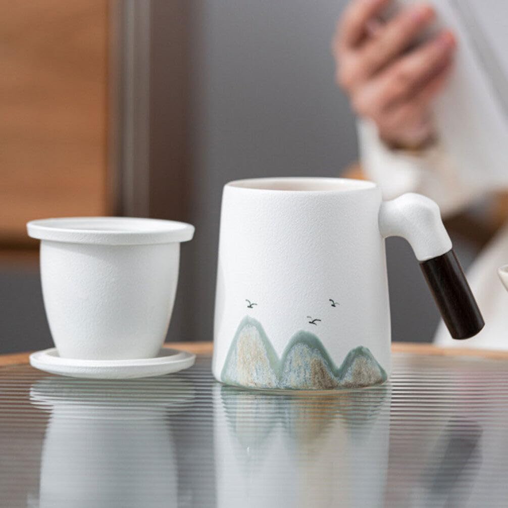 Alipis Tasse à Thé Poignée en Bois avec Infuseur et Couvercle en Céramique Filtre à Thé Intégré Design Blanc Élégant Usage Domestique et Bureau
