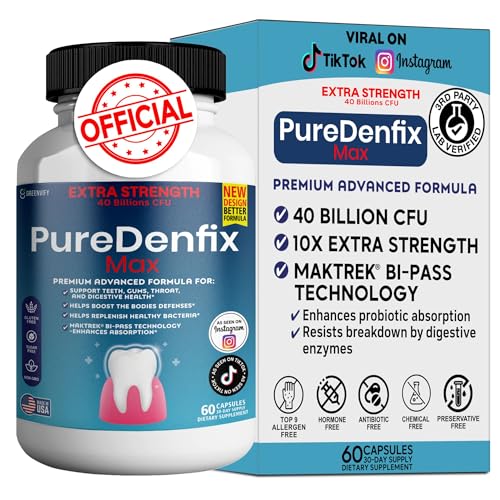PureDenfix Max Extra Strength Probiotic Supplement with 40 Billion CFU Supports Teeth Gums Ear Nose Throat & Digestive Health 60 Capsules (1)