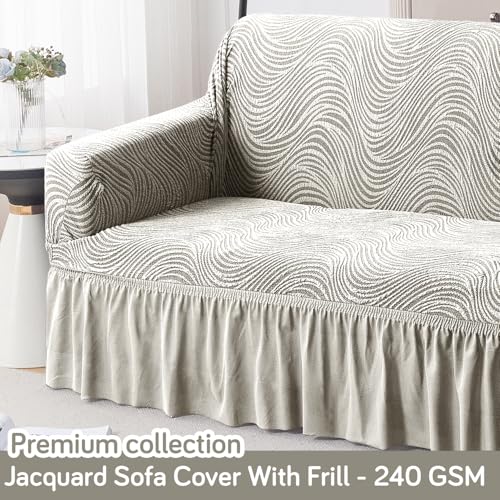 Image of HOKIPO 240 GSM Premium Jacquard Sofa Cover 3 Seater Fully Covered, 'Serene Wave Series' Vanilla Beige (AR-6354-CRM)