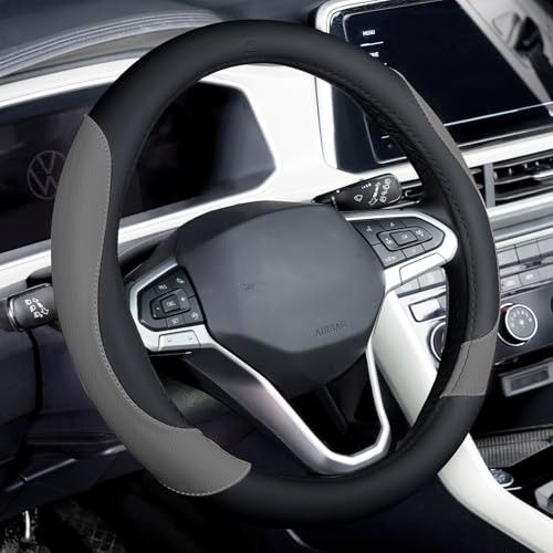 Image of Coverado Car Steering Wheel Cover, Nappa Leather Black & Gray Steering Wheel Covers, Universal 14-15 inch, Anti-Slip, Breathable Steering Wheel Protector for Women Men