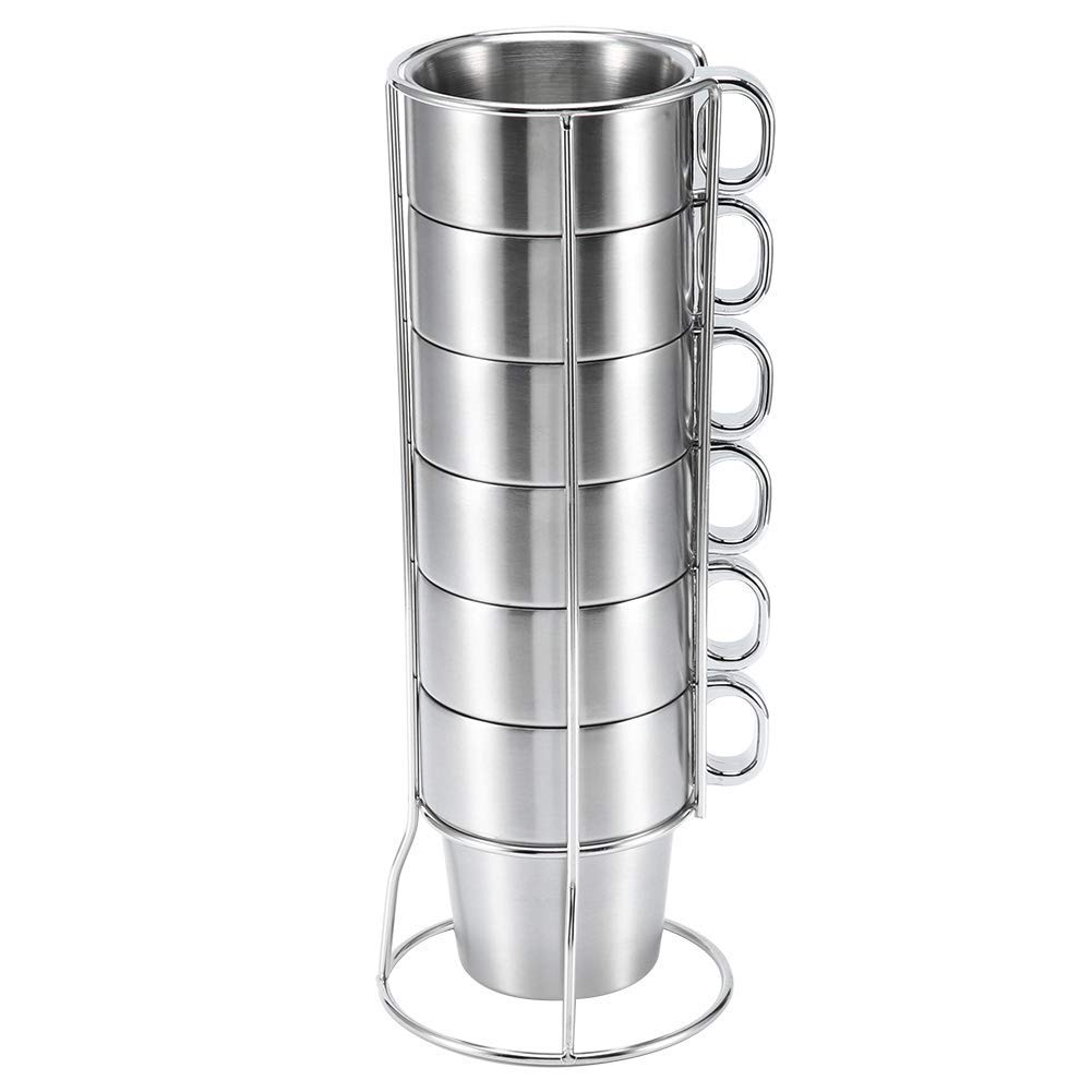 Tasse à Café en Acier Inoxydable, Lot de 6 Réutilisables Rangement en Métal avec Support Isolée Empilable de Tasse, Tasse à Café Expresso à Double Couche avec Support pour Café Thé Boissons