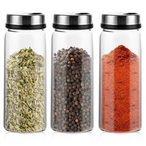 3 Piezas Tarros de Especias con Tapa Giratoria de Acero Inoxidable, 16x6cm Botes para Especias con 3 Tipos de Agujeros, 300ml Tarros de Especias Vidrio de Borosilicato, para Cocina, Barbacoa