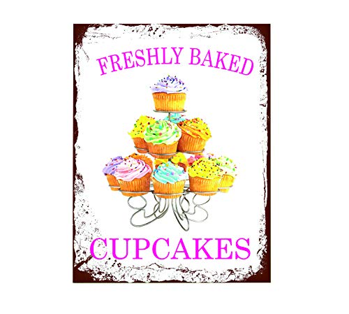Ecool Freshly baked cupcakes ideal for home and kitchen retro shabby chic vintage style picture metal wall plaque sign (150mm x 100mm)