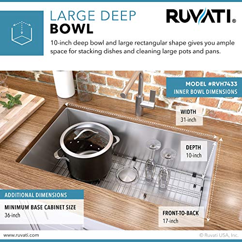 Image of Ruvati 33-inch Undermount 16 Gauge Tight Radius Large Kitchen Sink Stainless Steel Single Bowl - RVH7433