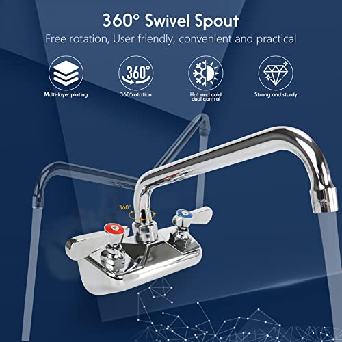 4 Inch Center Commercial Sink Faucet Wall Mount Kitchen Hand Sink Faucet, 1/2" Npt Male Inlet, Brass Constructed & Chrome Polished, With 10" Swivel Spout & Dual Lever Handles #TOP2
