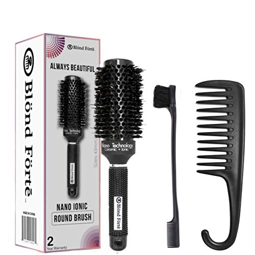 Blonde Forte Round Boar Bristle Blow Drying Brush, Nano Thermal Ceramic, Ionic Technology, Professional Anti-Static Round Styling Brush for Curling, Drying, Straightening, And Voluminous Hair + Bonus Wide Tooth Detangling Comb & Edge Control Brush â€