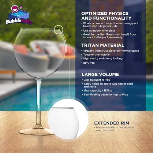 BubbleWally Floating Wine Glasses for Pool (18 Oz | Set of 2) - Pool Wine Glasses That Float | Shatterproof Floating Cup | Beach Glass | Outdoor Tritan Plastic with Stem