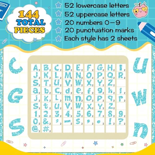 Image of Colarr 144 Pcs Glitter Bulletin Board Letters for Classroom Alphabet Punctuation Symbol Cutout Die-Cut Poster Letter with Adhesive Dot School Party Holiday Decor Display (Light Blue,4 Inch)