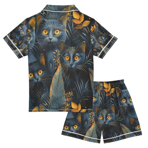 senya Cat Golden Eyes Satin Summer Pajama Sets Silk Short Sleeve Button Down Sleepwear2