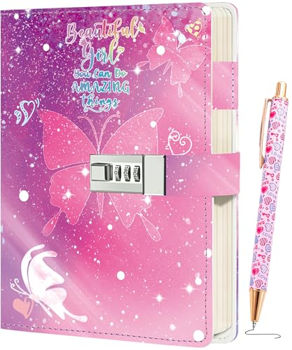 JYPLKCMT Butterfly Diary with Lock for girls, diary for girls ages 8-12, kids Leather journals for girls, princess diaries journal with lock, Birthday Christmas Gifts for daughter granddaughter niece