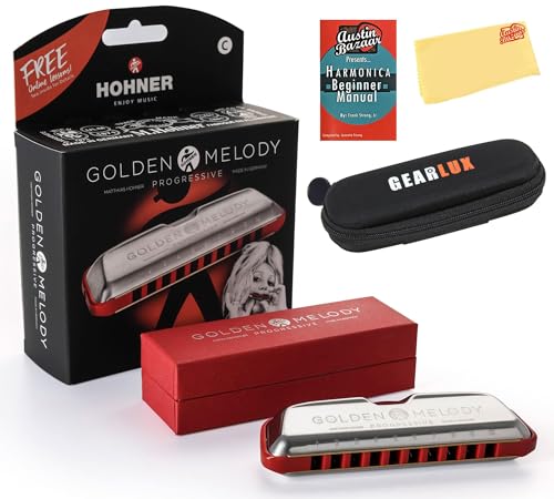 Hohner Golden Melody Harmonica – Key of C Bundle with Zip Case, Instructional Manual, and Austin Bazaar Polishing Cloth - Les Beatles, Paul McCartney, John Lennon, RIngo Starr, George Harrison Hohner Golden Melody Harmonica - Key of C Bundle with Zip Case, Instructional Manual, and Austin Bazaar Polishing Cloth
