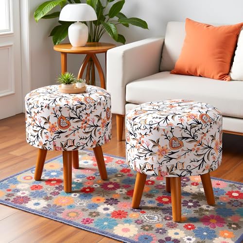 Image of NACIA Stylish Printed Ottoman Stool (16 X 17 Inch) | Soft Cushioned Top for Sitting & Footrest | Pouf Footstool with Puffy Foam & Wooden Legs | Modern Home Decor for Living Room White Leaf