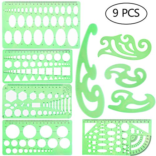 9 Pieces Plastic Drawings Templates Measuring Templates Geometric Rulers for Studying and Art Designing Building Supplies