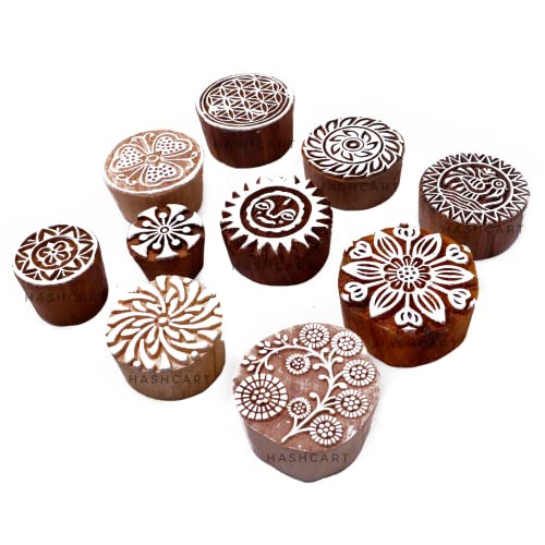 Image of Hashcart | Set of 10 | Handcarved Round Shape Multi Floral Design Blocks for Scrapbooking | Wooden Stamps for Project Designing | Henna | Clay | Pottery Craft | Tattoo | Project Making