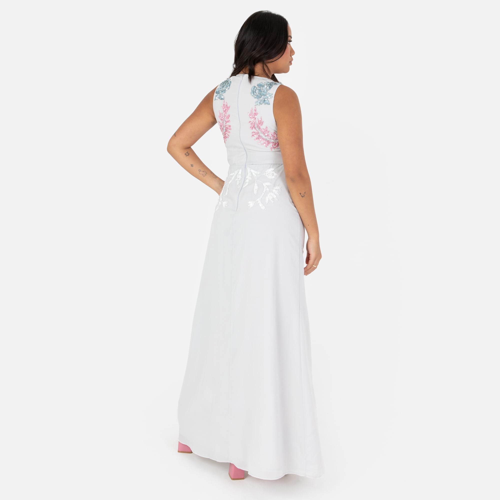 Maya Deluxe Women's Ladies Maxi Dress V-Neckline Sleeveless Floral Sequin Embellished Button Front Slit for Wedding Guest Occasion Vestito Donna