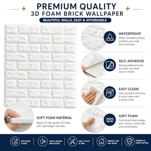 Image of Barebeauty 3D Wall Panel Wallpaper, Self Adhesive PE Foam Brick Sticker, Waterproof Peel & Stick Wall Covering for Home, Bedroom & Living Room Decor, 70 x 77 cm (Pack of 40, 232 Sq. Ft. Approx)