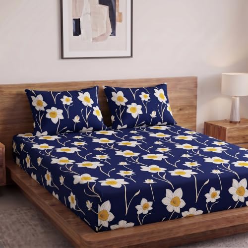 Image of Home Sizzler Microfibre 210TC Navy Blue Daisy Print Elastic Fitted Double (72 X 78) Bedsheet with 2 Pillow Covers