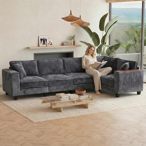 Image of 97 Inches Corduroy Couch with 2 Pillows Deep Seat Sectional Sofa Armrests with Two Hidden Storage Space Corner Couch Oversized L Shaped Cloud Couches for Living Room Grey