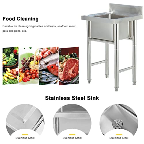 TLMYDD Freestanding Utility Sink Stainless Steel Kitchen Sink with High Backsplash, Stainless Steel Sink with Legs, Hand Wash Sink for Garage Restaurant Kitchen Outdoor, Single Bowl 24x24x31in
