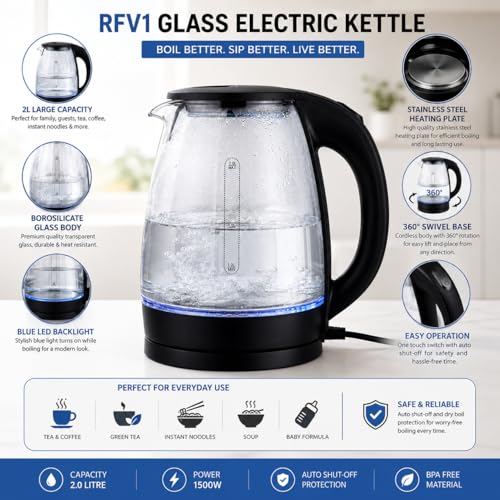Image of Glass Electric Kettle 2L | Transparent Borosilicate Glass Body with Blue LED Light, Stainless Steel Heating Plate, 360 Swivel Base, Fast Boil Water Kettle for Tea, Coffee & Instant Beverages