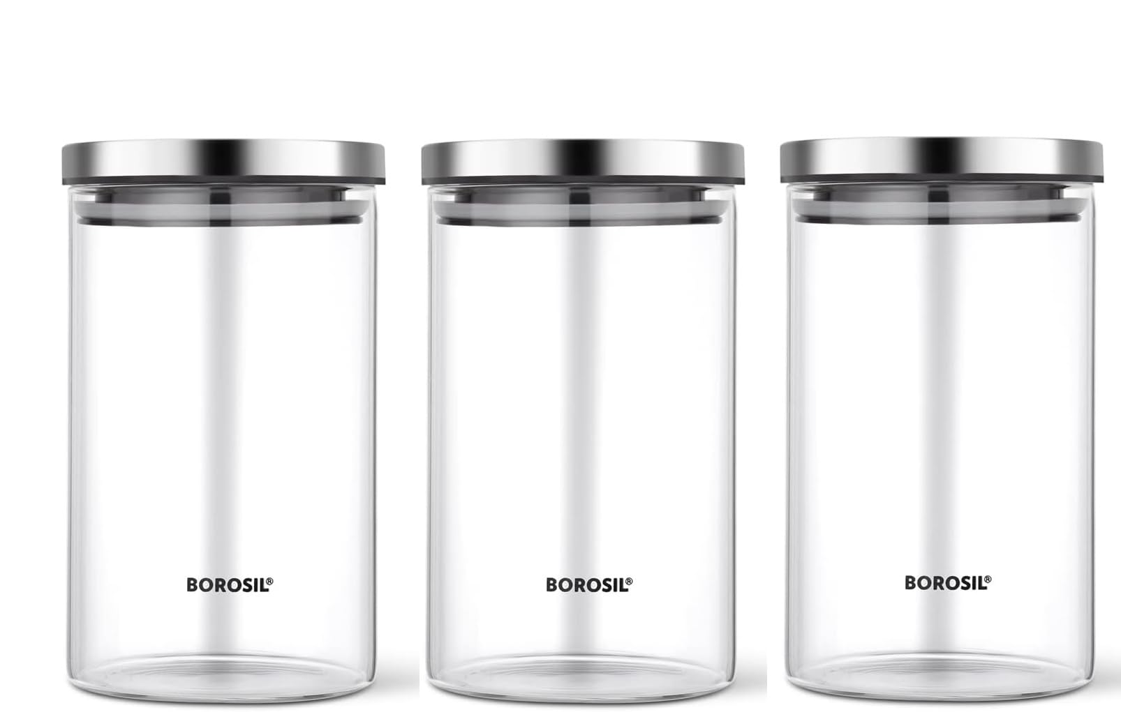 Nobel Clear Borosil Borosilicate Glass Storage Jars, Set Of 3, Airtight Kitchen Canisters With Stainless Steel Lids, Microwave Safe, Dishwasher Safe (1200Ml Pack Of 3Pcs.)