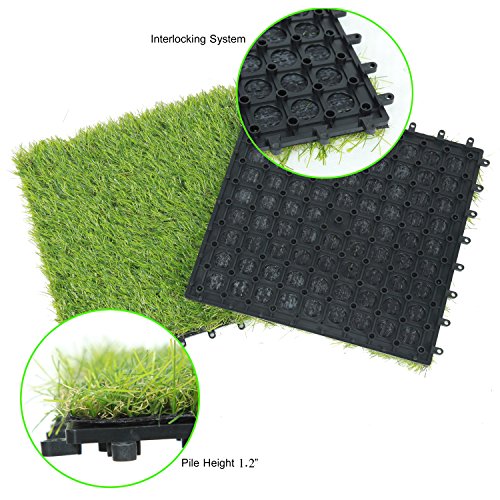 QYH Artificial Grass Tile Interlocking Floor Tiles Grass Deck Mats Tile Fake Grass Turf Synthetic Grass Carpet For Indoor Outdoor Patio Flooring 1'x1' (9 pieces) - Thumbnail 7