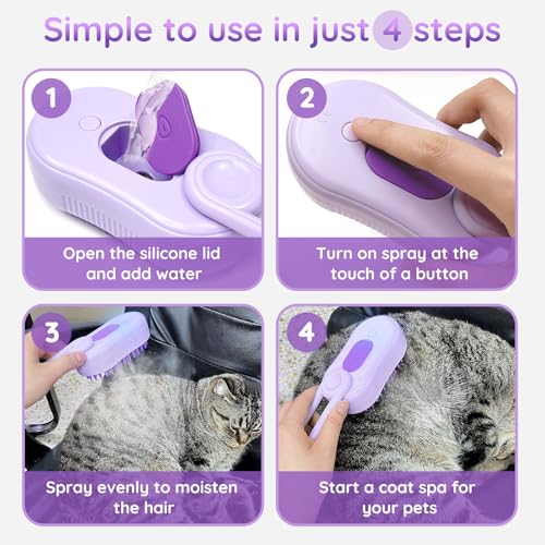 Image of GKZ Cat Steam Brush, 3 in 1 Pet Comb for Massage, Cleaning, Shedding and Combing, Electric Mist to Prevent Flyaways for Home, Dogs and Cat Lovers - Purple