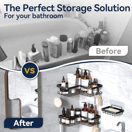 Image of Self Adhesive Bathroom Shelf Combo Pack of 3 | No Drill Metal Bathroom Organizer | Rust-Proof Wall Mounted Shelves with Soap Holder | Adhesive Multipurpose Storage Rack for Bathroom & Kitchen