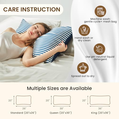 Image of THXSILK Mulberry Silk Pillowcase for Hair and Skin Health, Grade 6A+ Mulberry Silk Pillowcase with Hidden Zipper, Soft and Breathable, 1pc (King 20 inchx36 inch, Blue White Stripes)