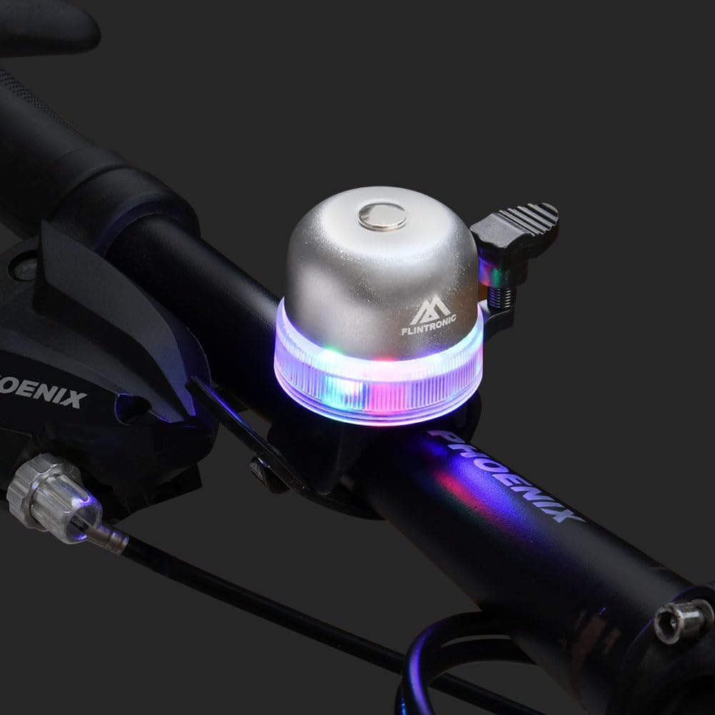 Flintronic Bike Bell with Crisp Loud Melodious Sound, Bicycle Bell with Adjustable Straps, 3 Lighting Modes, for Kids Adult, Mountain Bike, Road Bike