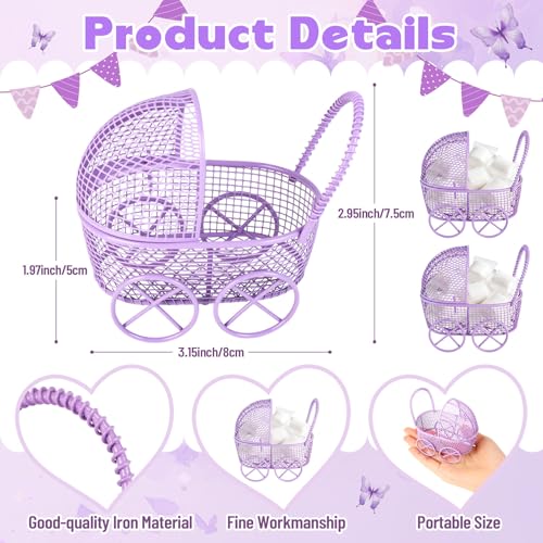 Image of Threehoney Baby Shower Mini Carriage Decoration Metal Wired Fillable Candy Stroller Baby Shower Table Centerpiece for Guest Gender Reveal Wedding Party Favor Gift (Purple,24 Pcs)