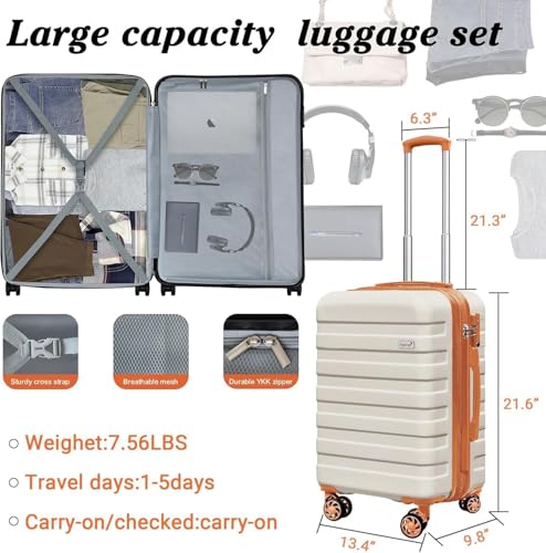 Image of Zebra 20 inch Expandable Carry-On Luggage Set with TSA Lock, Lightweight Hardshell Suitcase with Spinner Wheels, PC+ABS Durable Checked Luggage, Bonus Travel Backpack & Cosmetic Makeup Bag, White-Brown