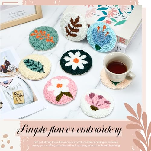 Image of Preboun 8 Pcs Floral Punch Needle Coaster Kit Punch Needle Embroidery Kit for Adults Beginners Flower Punch Needle Supplies for Crafters Tufted Coasters Including Yarns Hoop Tools