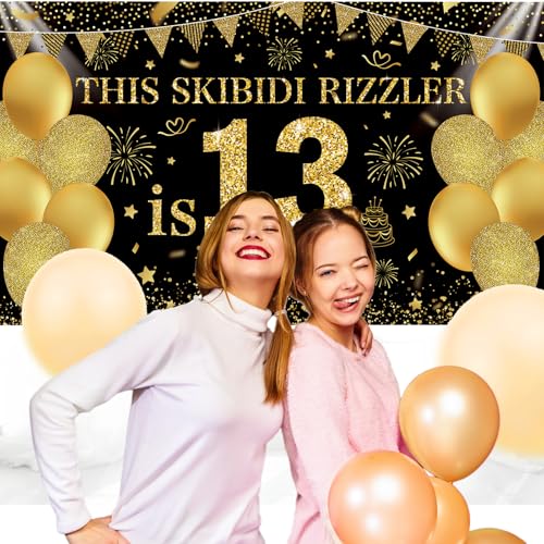 Image of Black Gold This Skibidi Rizzler is 13 No Cap Happy Birthday Backdrop Banner Photography Background Decorations for Boys Girls 13th Year Bday Party Accessories Supplies 72.8 * 43.3in
