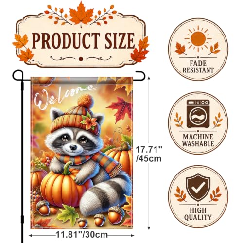 Image of BlissYard Fall Garden Flag 12x18 Inch Cute Raccoon Pumpkin Welcome Decor | Double sided polyester, fall raccoon pumpkin design, cozy woodland decor for Thanksgiving porch and yard