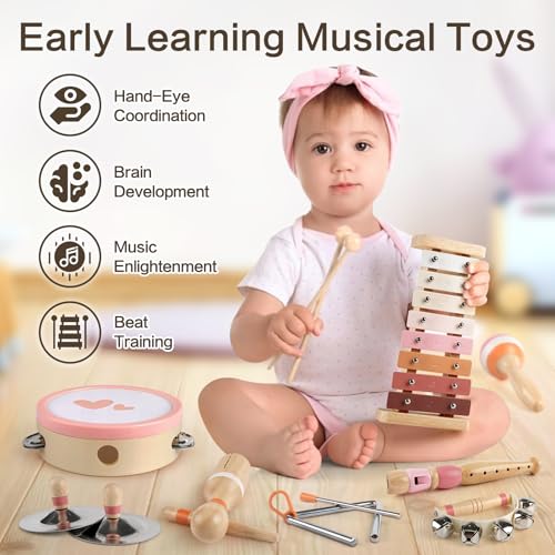 Musical Instruments for Girls - Toys for 2 3 Year Old Girl Birthday Gifts - 8 in 1 Wooden Montessori Musical Set with Xylophone/Tambourine/Maracas/Flute for Toddler 2-4(Pink) - Image 3