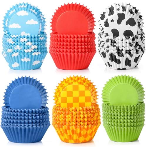 Vesici 900 Counts Toy Inspired Game Cupcake Liner Cartoon Story Paper Cupcake Wrappers Holders Cow Blue Cloud Yellow Red Green Muffin Disposable Cup Bulk for Birthday Baby Shower Baking Party Supplies