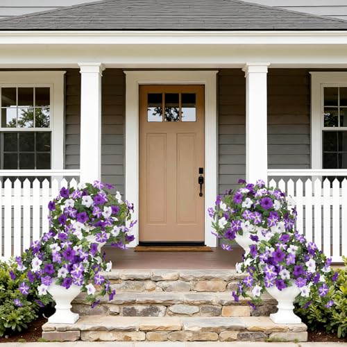 Image of Bassion Artificial Flowers for Outdoors, 2 Pcs Fake Petunia Flowers, Purple | UV resistant, silk flowers, realistic morning glory faux plants, porch garden home planters outdoor decoration